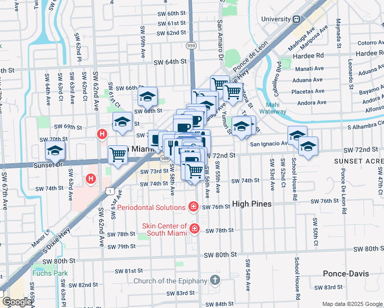 map of restaurants, bars, coffee shops, grocery stores, and more near 7227 Southwest 57th Court in South Miami