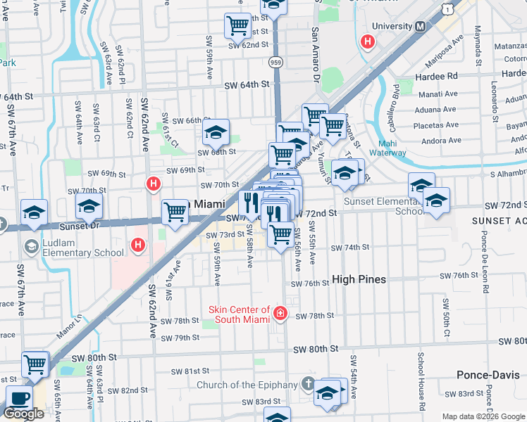 map of restaurants, bars, coffee shops, grocery stores, and more near in South Miami