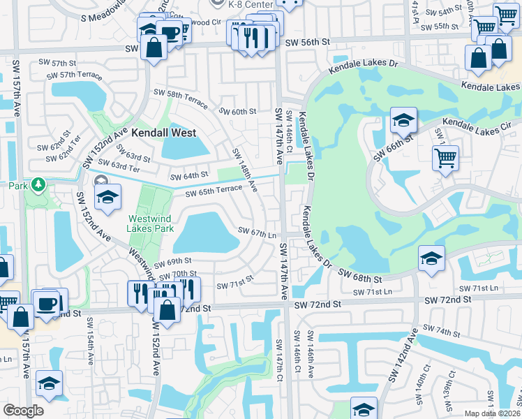map of restaurants, bars, coffee shops, grocery stores, and more near 6700 Southwest 147th Court in Miami