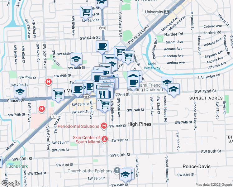map of restaurants, bars, coffee shops, grocery stores, and more near 7230 Southwest 56th Avenue in Miami