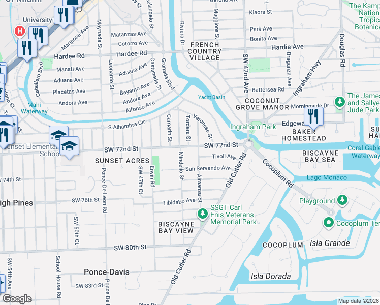 map of restaurants, bars, coffee shops, grocery stores, and more near 612 Sunset Road in Coral Gables