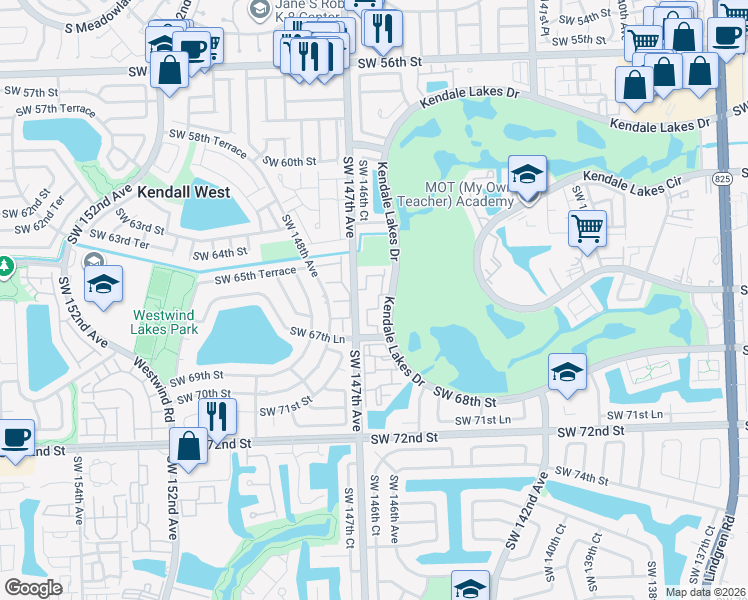 map of restaurants, bars, coffee shops, grocery stores, and more near 6504 Kendale Lakes Drive in Miami