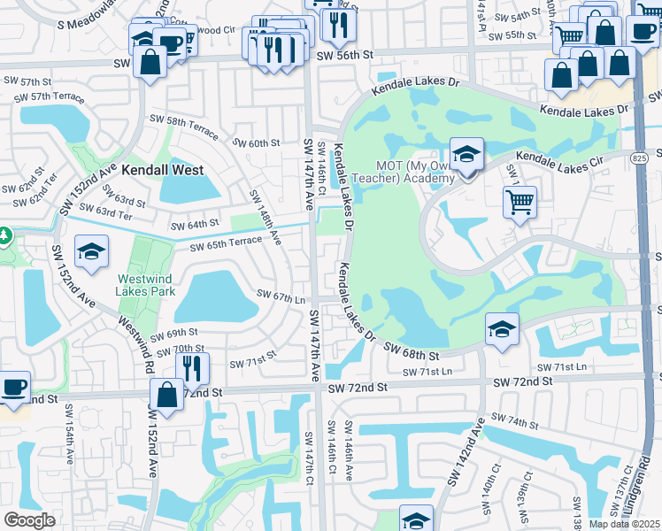 map of restaurants, bars, coffee shops, grocery stores, and more near 6504 Kendale Lakes Drive in Miami