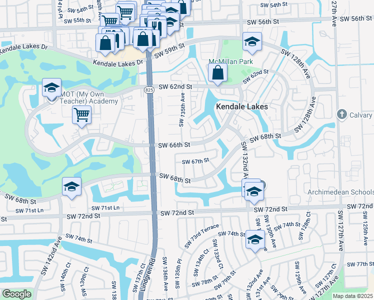 map of restaurants, bars, coffee shops, grocery stores, and more near 13491 Southwest 66th Street in Miami