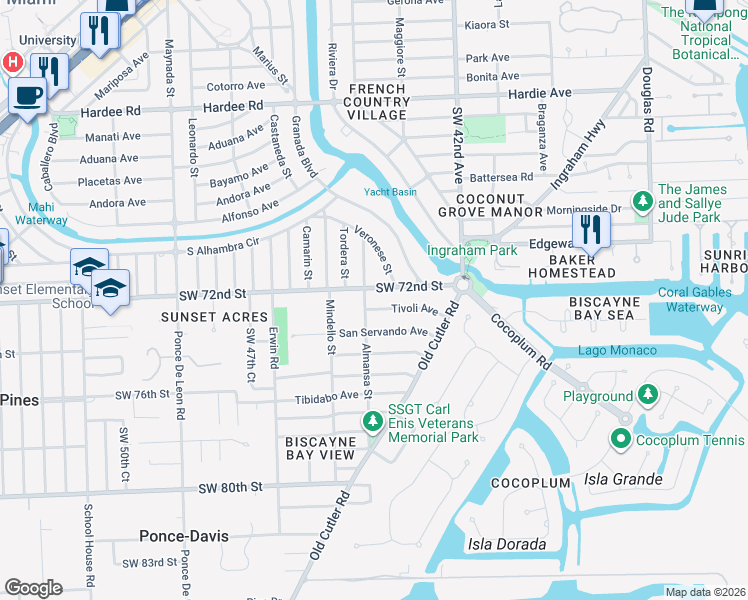 map of restaurants, bars, coffee shops, grocery stores, and more near 6945 Almansa Street in Coral Gables