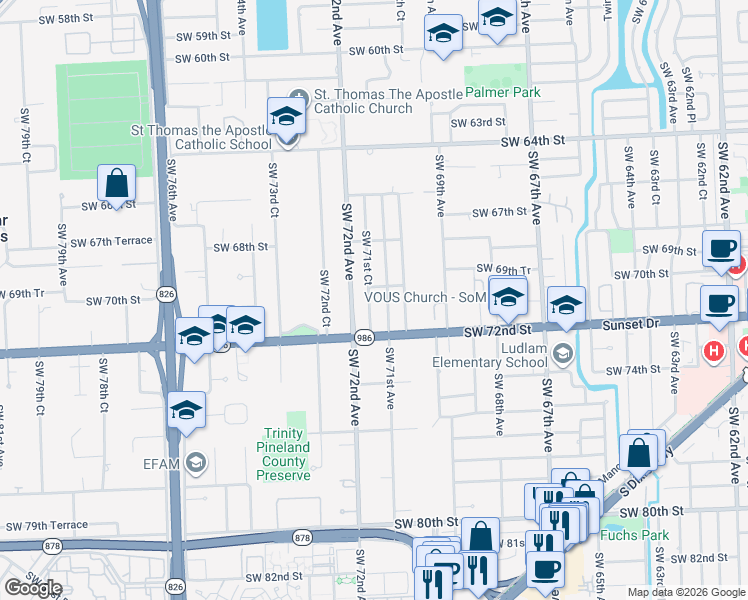 map of restaurants, bars, coffee shops, grocery stores, and more near 7133 Southwest 70th Street in Miami