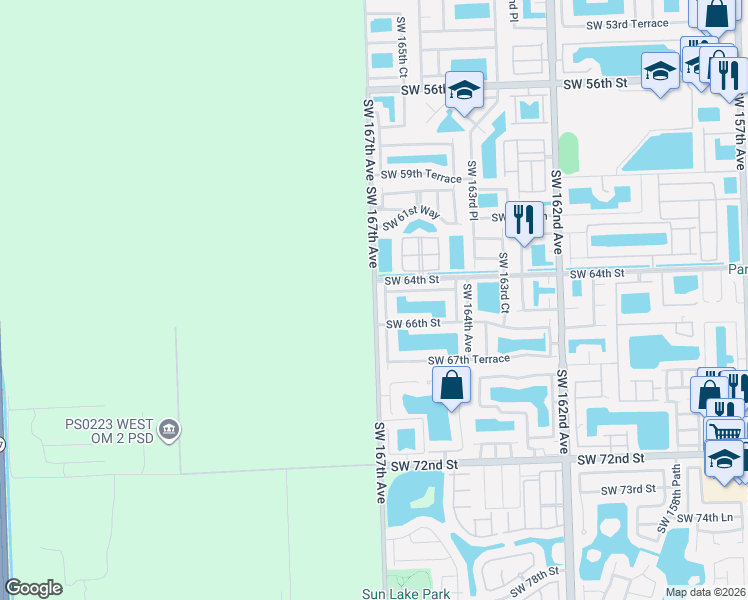 map of restaurants, bars, coffee shops, grocery stores, and more near 6404 Southwest 166th Court in Miami