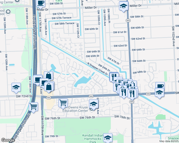 map of restaurants, bars, coffee shops, grocery stores, and more near 11001 North Snapper Creek Drive in Miami