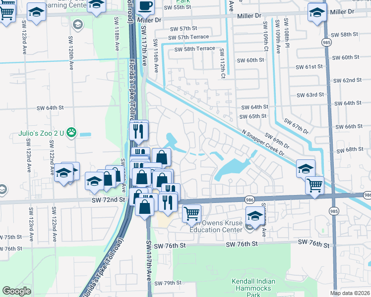 map of restaurants, bars, coffee shops, grocery stores, and more near 6676 Southwest 115th Court in Miami
