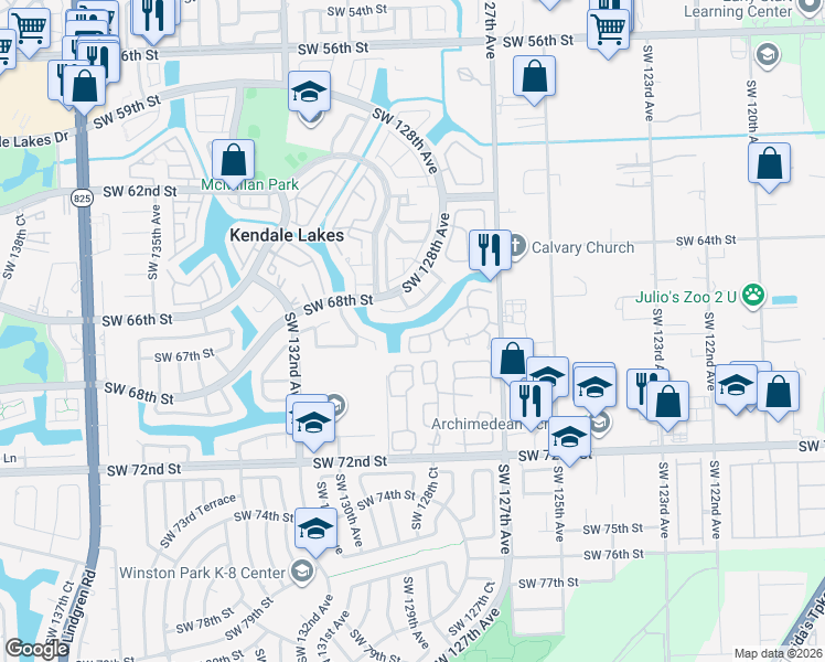 map of restaurants, bars, coffee shops, grocery stores, and more near 6571 Southwest 127th Path in Miami