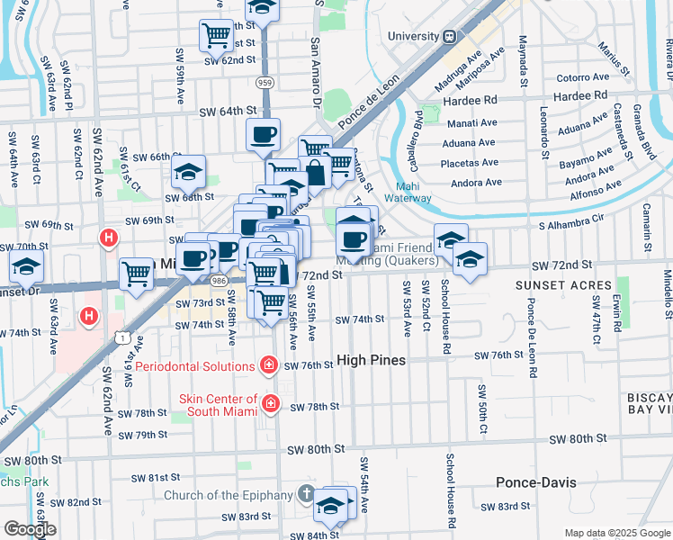map of restaurants, bars, coffee shops, grocery stores, and more near 1500 San Remo Avenue in Coral Gables