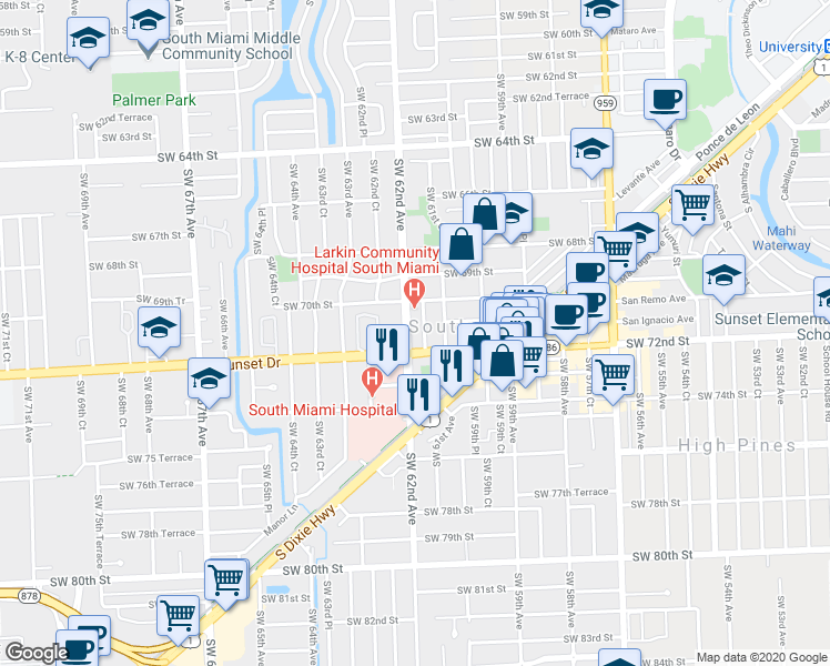 map of restaurants, bars, coffee shops, grocery stores, and more near in South Miami
