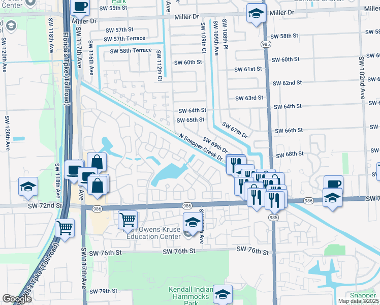 map of restaurants, bars, coffee shops, grocery stores, and more near 11001 North Snapper Creek Drive in Miami