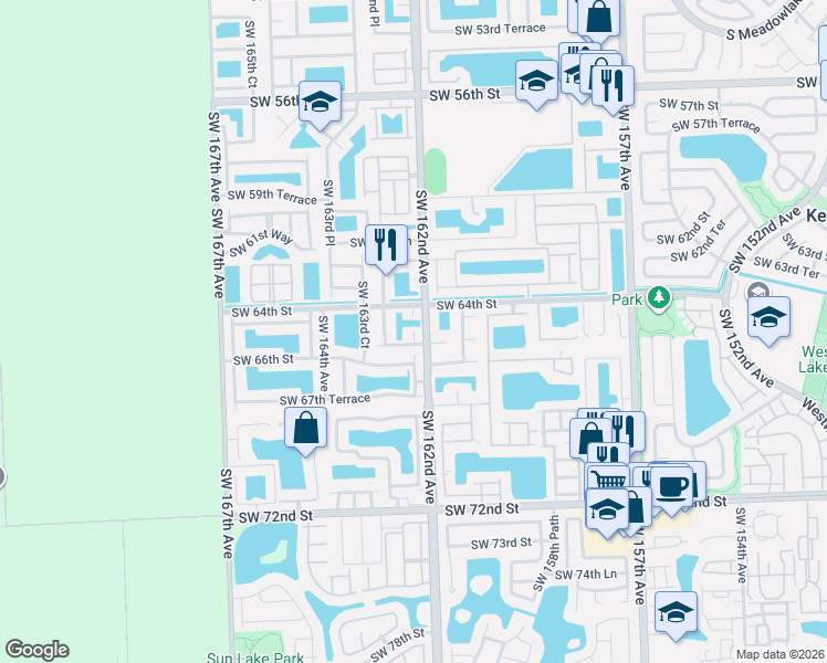 map of restaurants, bars, coffee shops, grocery stores, and more near 6422 Southwest 162nd Court in Miami
