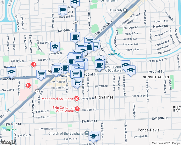 map of restaurants, bars, coffee shops, grocery stores, and more near 1515 Sunset Drive in Miami