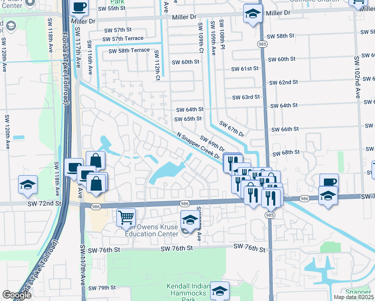 map of restaurants, bars, coffee shops, grocery stores, and more near 11001 North Snapper Creek Drive in Miami
