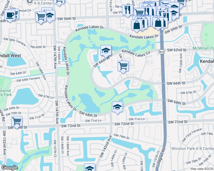 map of restaurants, bars, coffee shops, grocery stores, and more near 14107 Southwest 66th Street in Miami