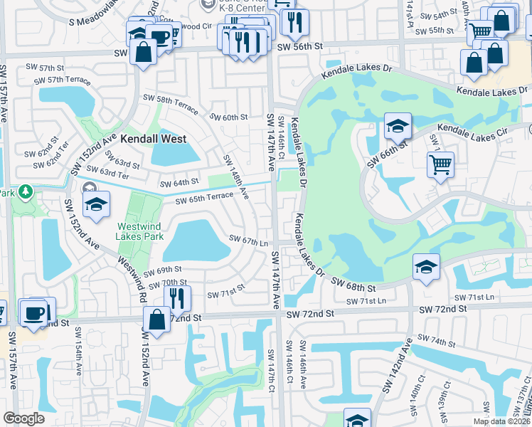 map of restaurants, bars, coffee shops, grocery stores, and more near 14755 Southwest 66th Street in Miami