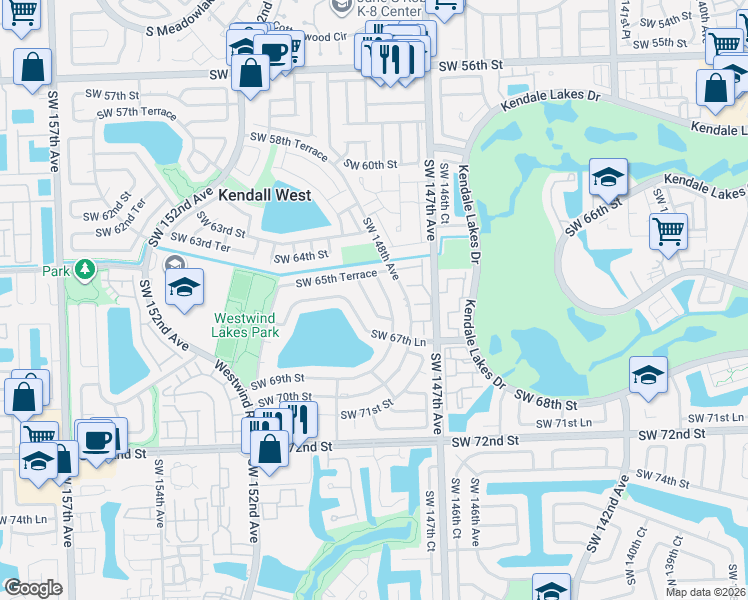 map of restaurants, bars, coffee shops, grocery stores, and more near 6521 Southwest 148th Court in Miami