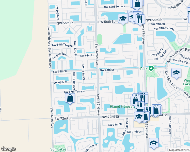 map of restaurants, bars, coffee shops, grocery stores, and more near 6422 Southwest 162nd Court in Miami