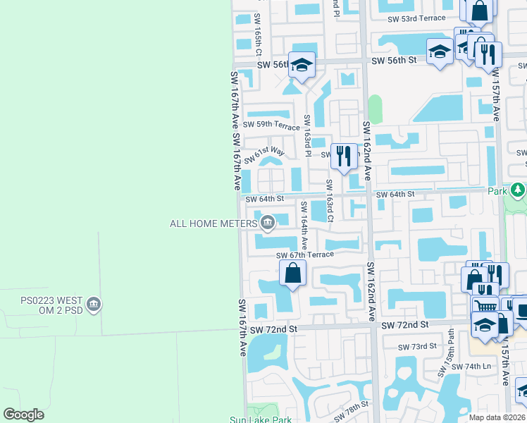 map of restaurants, bars, coffee shops, grocery stores, and more near 16581 Southwest 64th Terrace in Miami
