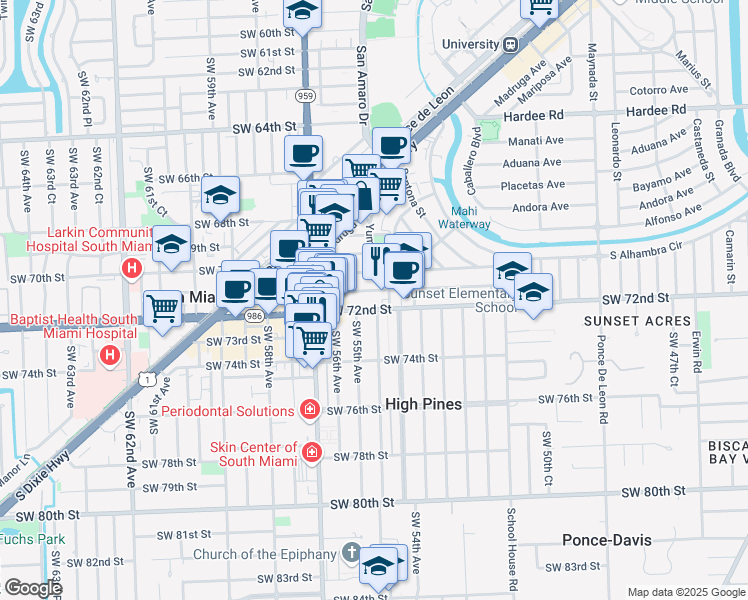 map of restaurants, bars, coffee shops, grocery stores, and more near 1500 San Remo Avenue in Coral Gables