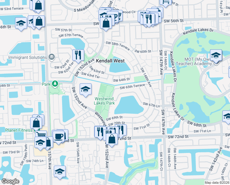 map of restaurants, bars, coffee shops, grocery stores, and more near 6515 Southwest 151st Court in Miami