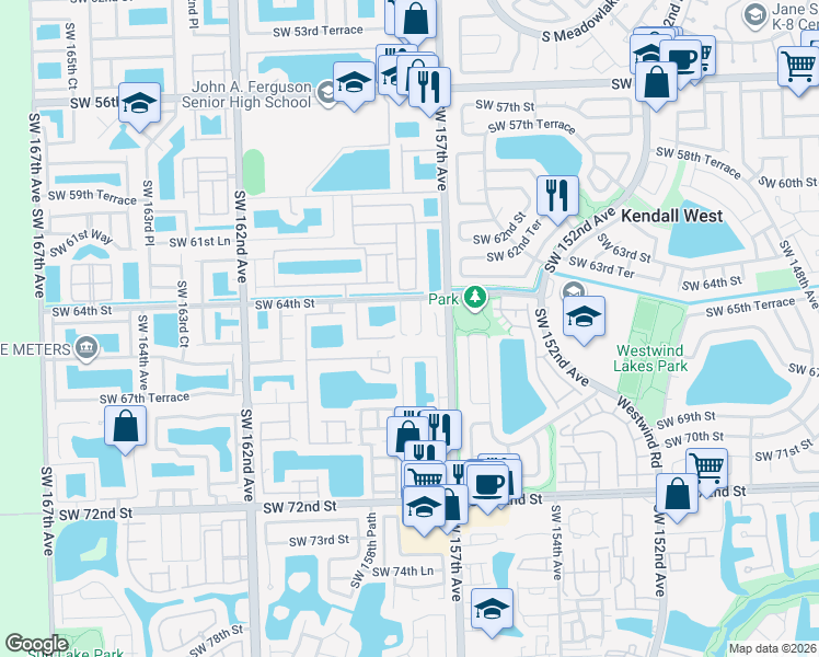 map of restaurants, bars, coffee shops, grocery stores, and more near 6420 Southwest 157th Place in Miami