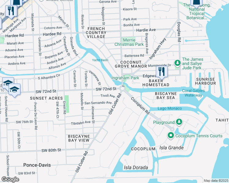 map of restaurants, bars, coffee shops, grocery stores, and more near 410 Sunset Drive in Coral Gables