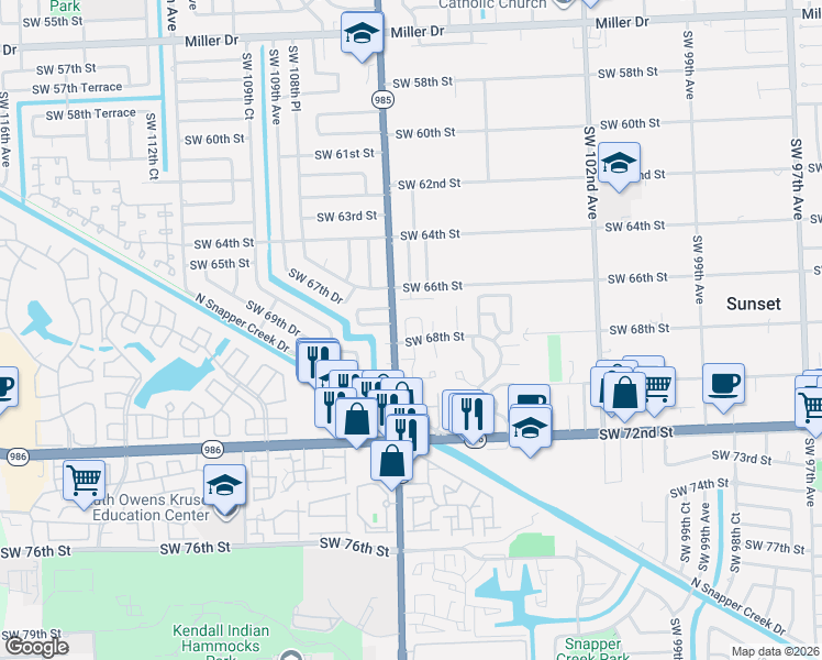 map of restaurants, bars, coffee shops, grocery stores, and more near 6763 Southwest 106th Place in Miami