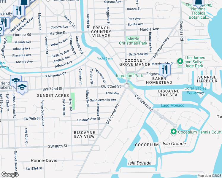 map of restaurants, bars, coffee shops, grocery stores, and more near 6945 Veronese Street in Coral Gables