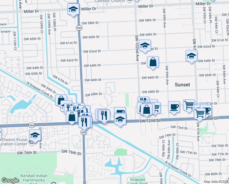 map of restaurants, bars, coffee shops, grocery stores, and more near 10400 Southwest 67th Street in Miami