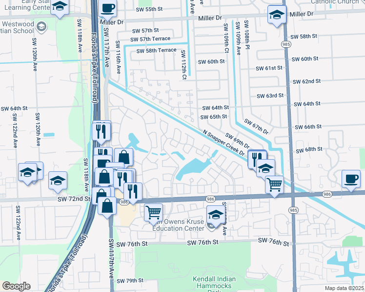 map of restaurants, bars, coffee shops, grocery stores, and more near 6615 Southwest 113th Avenue in Miami