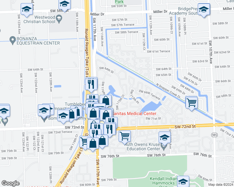 map of restaurants, bars, coffee shops, grocery stores, and more near 6676 Southwest 115th Court in Miami