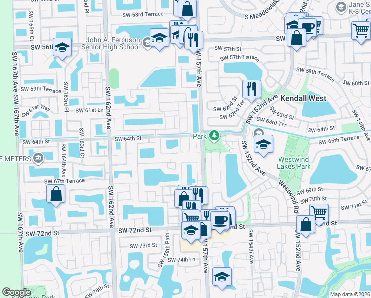 map of restaurants, bars, coffee shops, grocery stores, and more near 6420 Southwest 157th Place in Miami