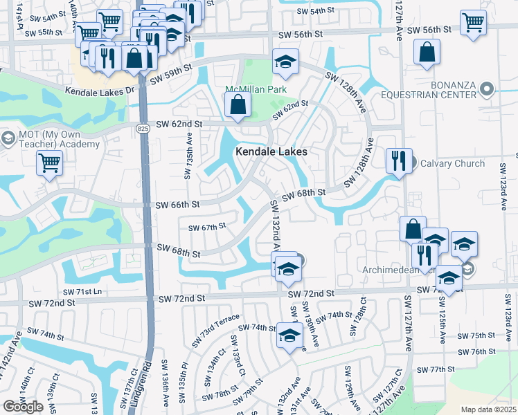 map of restaurants, bars, coffee shops, grocery stores, and more near 13210 Southwest 67th Street in Miami