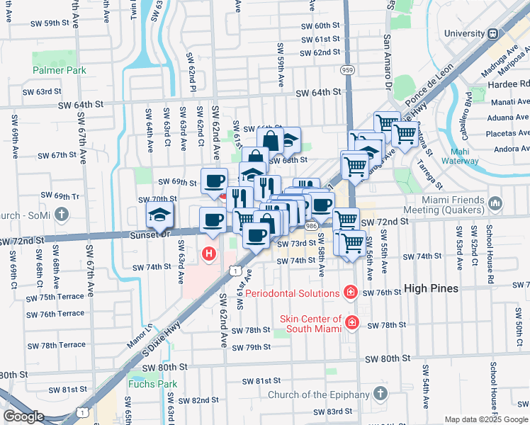 map of restaurants, bars, coffee shops, grocery stores, and more near  in South Miami