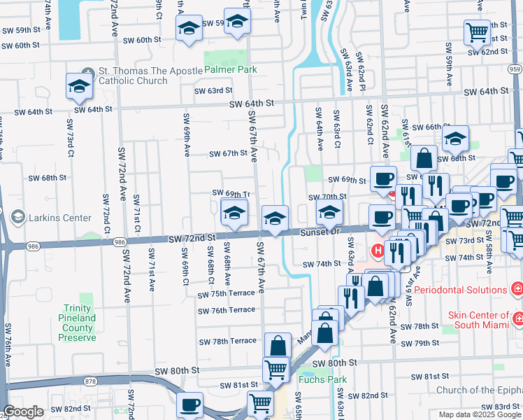 map of restaurants, bars, coffee shops, grocery stores, and more near 6630 Southwest 70th Lane in South Miami