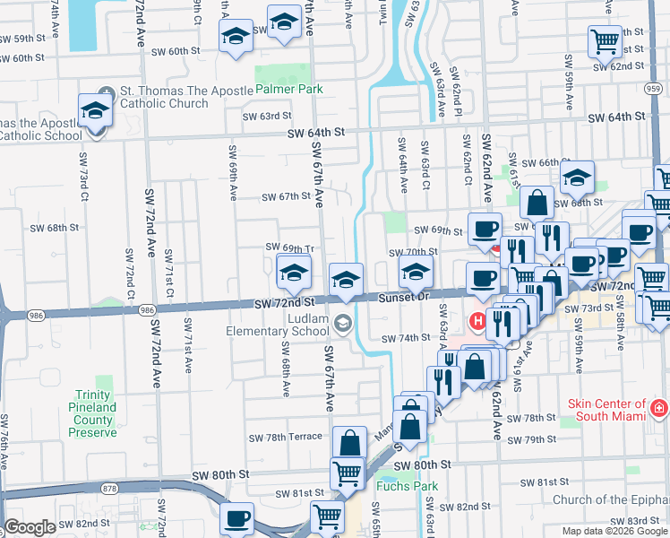 map of restaurants, bars, coffee shops, grocery stores, and more near 6630 Southwest 70th Lane in South Miami