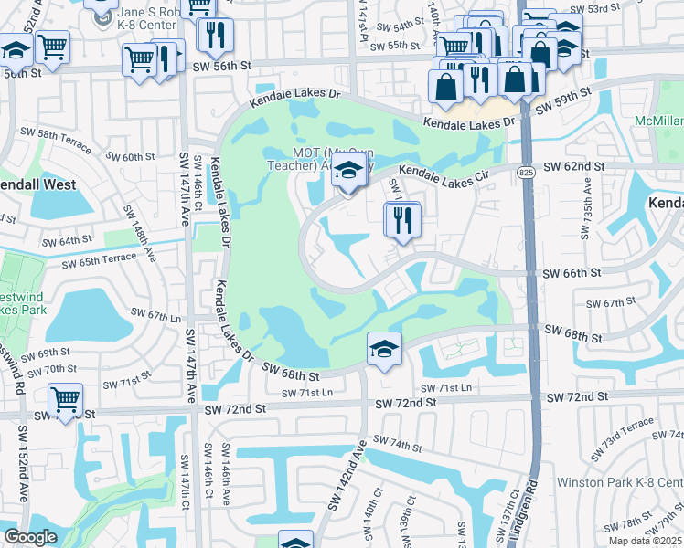 map of restaurants, bars, coffee shops, grocery stores, and more near 14203 Southwest 140th Avenue in Miami