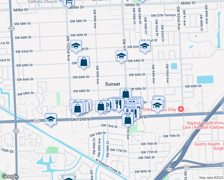 map of restaurants, bars, coffee shops, grocery stores, and more near Southwest 68th Street in Miami