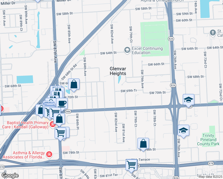 map of restaurants, bars, coffee shops, grocery stores, and more near 6860 Southwest 82nd Avenue in Miami