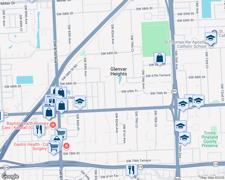 map of restaurants, bars, coffee shops, grocery stores, and more near 6860 Southwest 82nd Avenue in Miami
