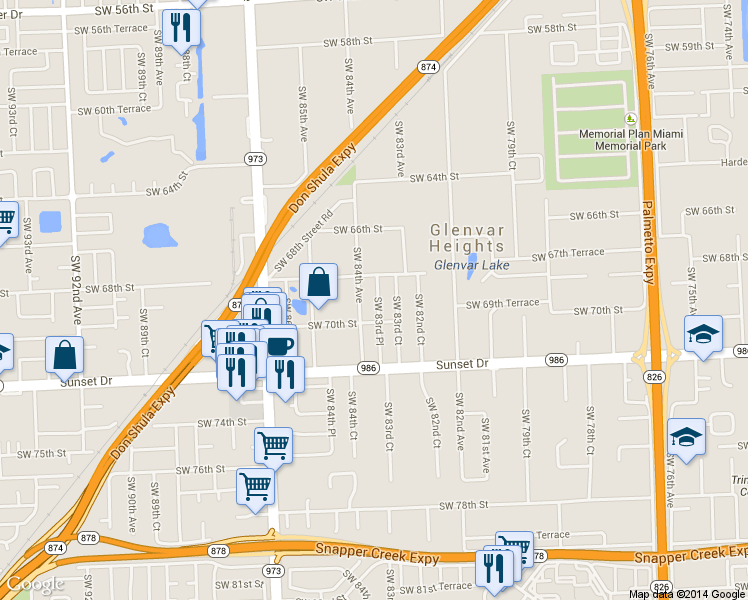 map of restaurants, bars, coffee shops, grocery stores, and more near 6836 Southwest 83rd Place in Miami