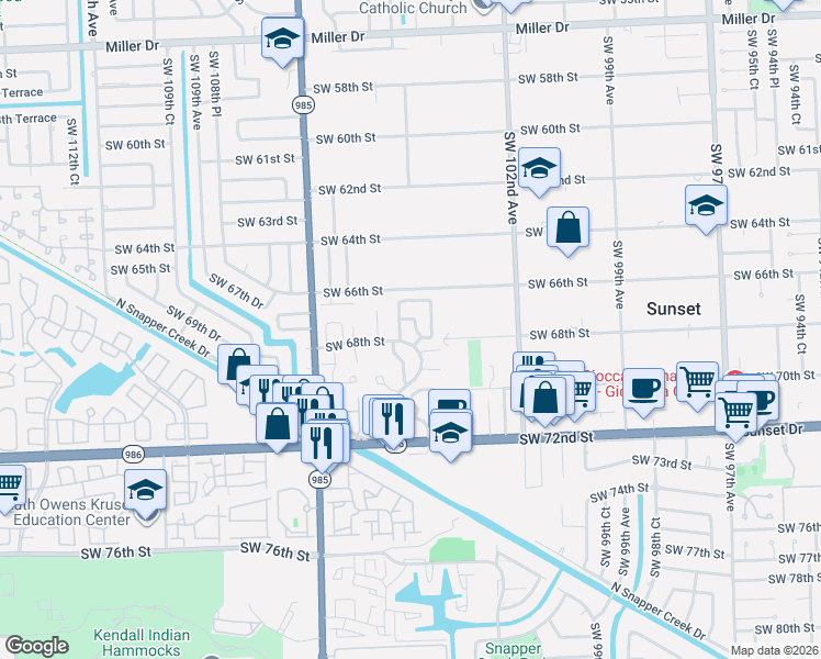 map of restaurants, bars, coffee shops, grocery stores, and more near 10400 Southwest 67th Street in Miami