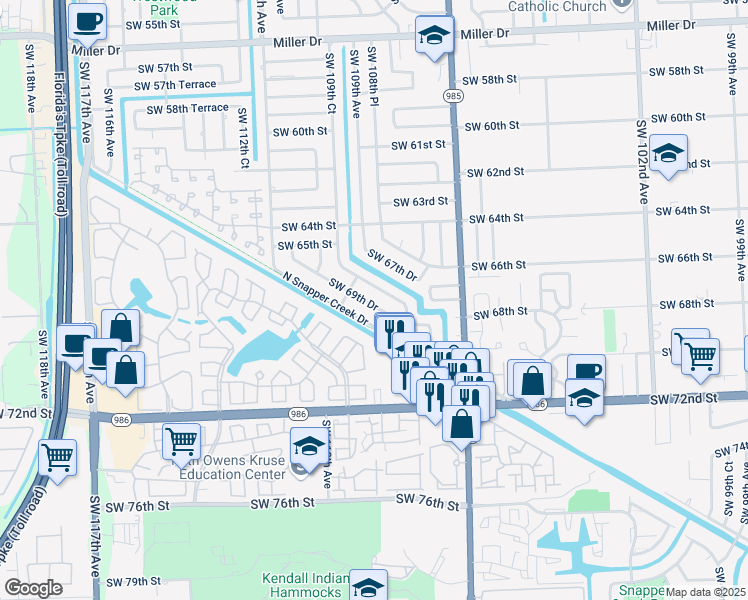 map of restaurants, bars, coffee shops, grocery stores, and more near 10866 Southwest 68th Drive in Miami
