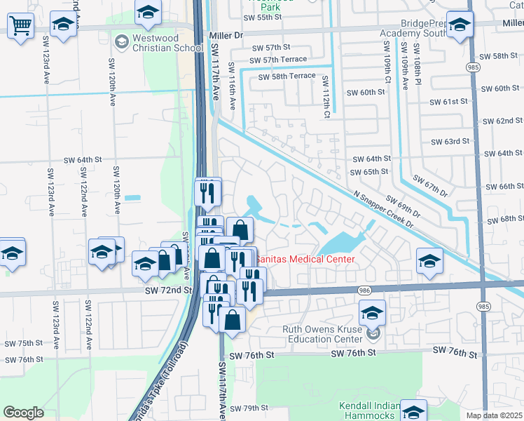 map of restaurants, bars, coffee shops, grocery stores, and more near 6676 Southwest 115th Court in Miami
