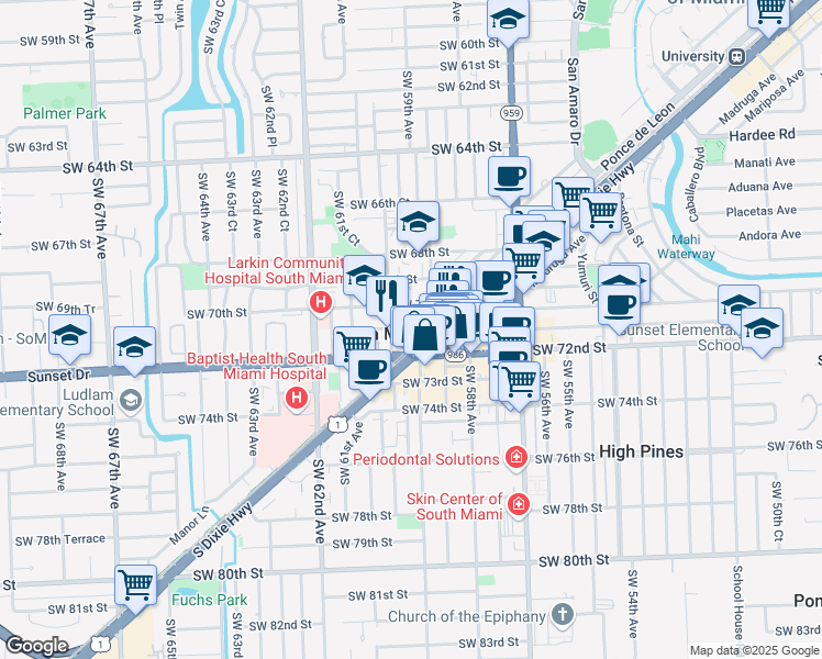 map of restaurants, bars, coffee shops, grocery stores, and more near 5870 Southwest 70th Street in South Miami