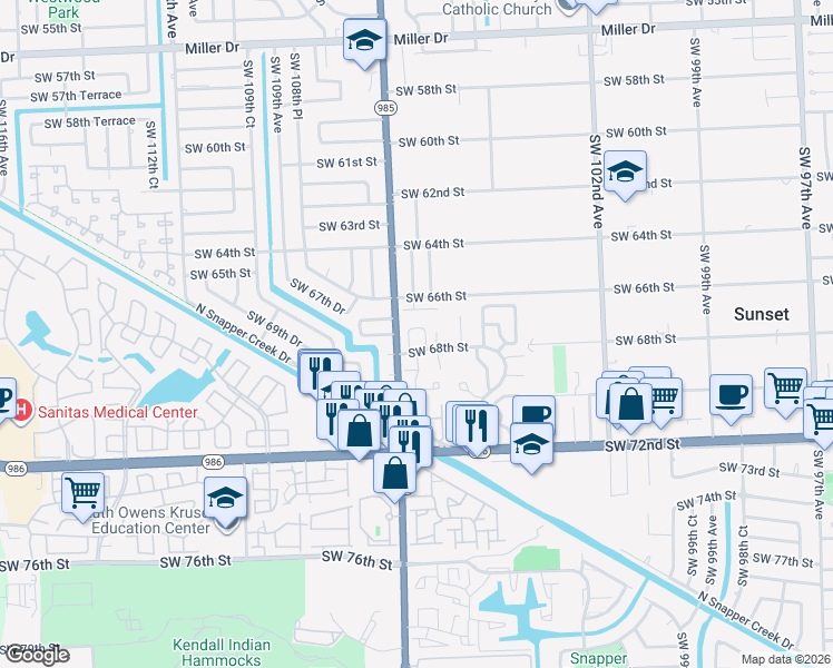 map of restaurants, bars, coffee shops, grocery stores, and more near 10621 Southwest 67th Street in Miami