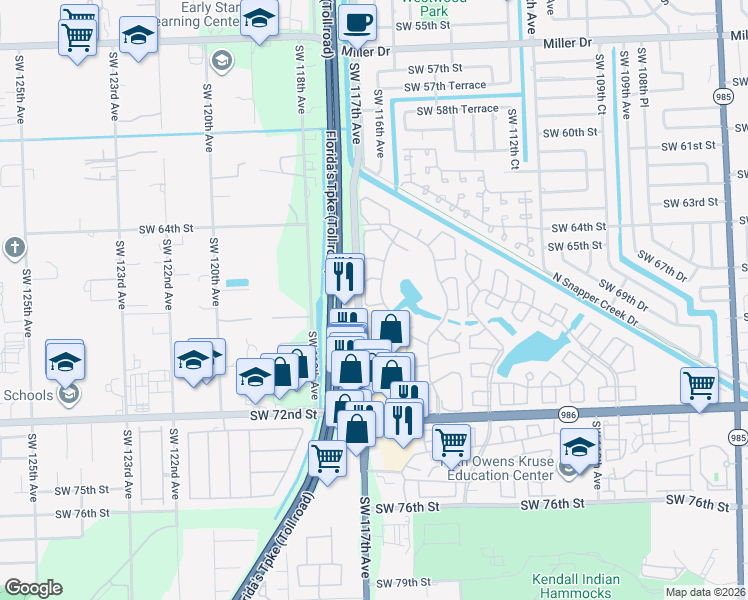 map of restaurants, bars, coffee shops, grocery stores, and more near 6609 Southwest 116th Place in Miami